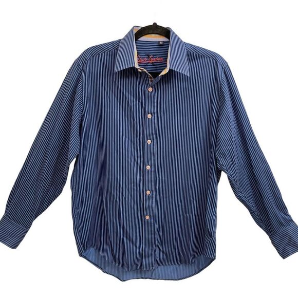 ROBERT GRAHAM PINSTRIPED BLUE BUTTON DOWN COLLARED LONGSLEEVE TOP‎ SZ medium - Picture 1 of 6